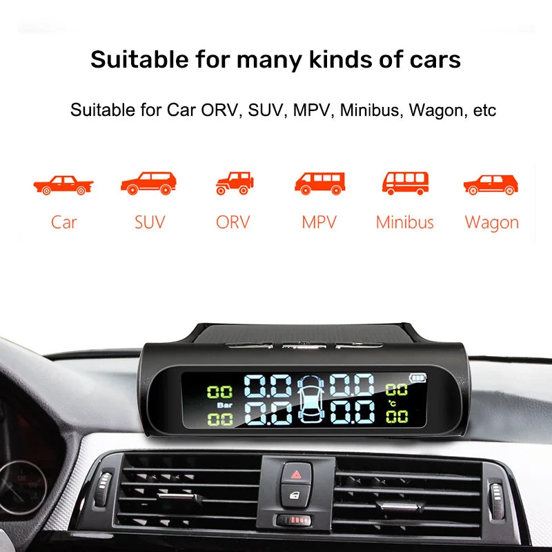 Car Safety Tire Pressure Alarm System Solar Power Digital Display Smart Car TPMS Tire Pressure Monitoring System And Air Pump