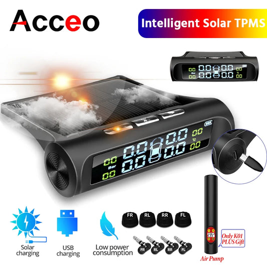 Car Safety Tire Pressure Alarm System Solar Power Digital Display Smart Car TPMS Tire Pressure Monitoring System And Air Pump