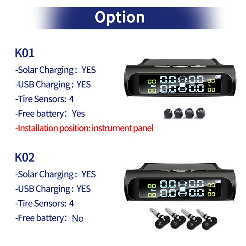 Car Safety Tire Pressure Alarm System Solar Power Digital Display Smart Car TPMS Tire Pressure Monitoring System And Air Pump